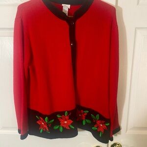 Chic Red and Black Women's Cardigan with embroidered Floral Design holiday